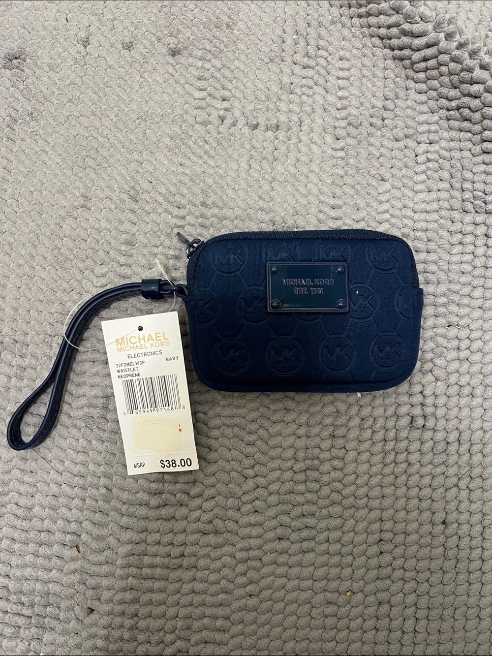 Michael Kors Navy Embossed Logo Wristlet Pouch